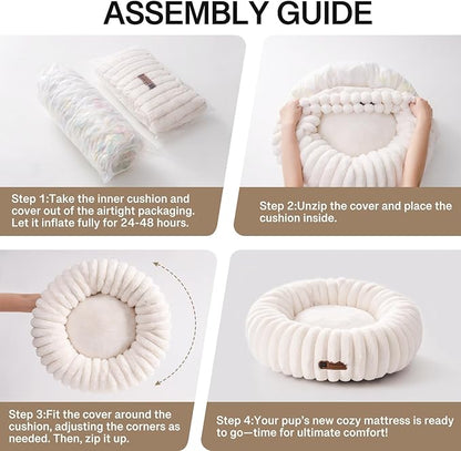 MEWOOFUN Cat Bed, Washable Beds for Indoor Cats, Cute Donut Bed Fluffy Pet Bed with Non-Slip Bottom, Calming Round Bed for Puppy and Kitten (Cream)