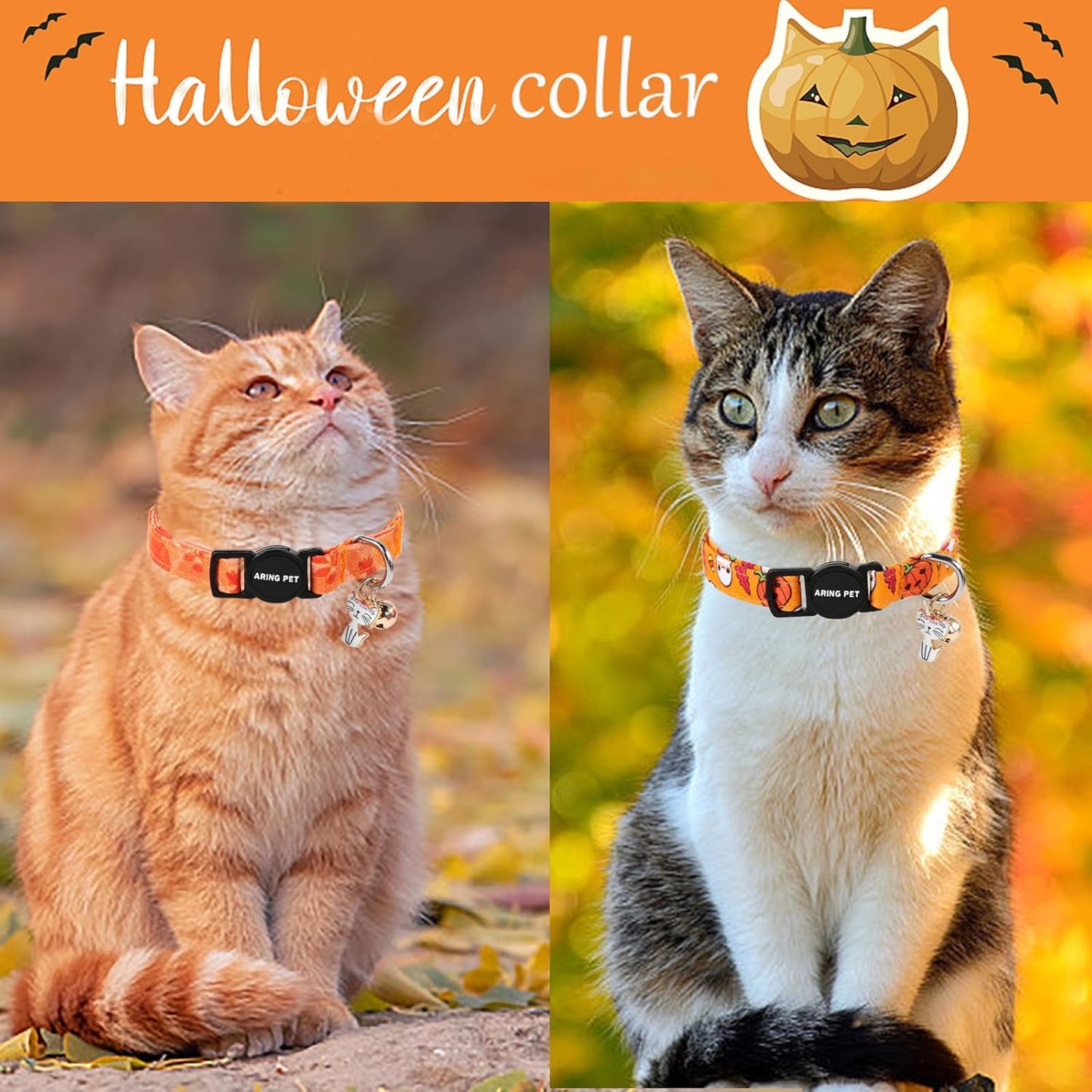 ARING PET 2 Pack Fall Cat Collars-Cute Cat Collar Breakaway with Bell & Pendant, Adjustable Fall&Halloween Kitten Collars with Safety Buckle for Girl and Boy Cats