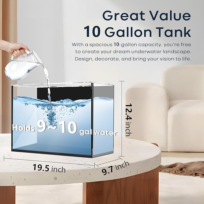 10 Gallon Aquarium Set Glass Fish Tank, with Heater Self Cleaning System Filter with Media Bright Light, Leak-Proof Clear Rimless Betta Tropical Freshwater Fish