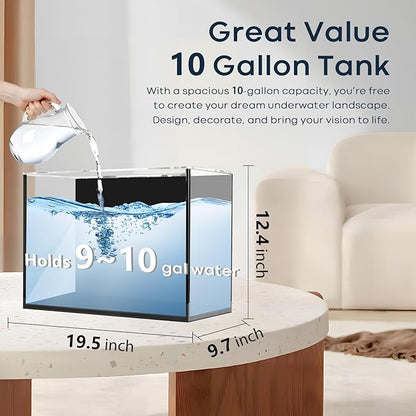 10 Gallon Aquarium Set Glass Fish Tank, with Heater Self Cleaning System Filter with Media Bright Light, Leak-Proof Clear Rimless Betta Tropical Freshwater Fish