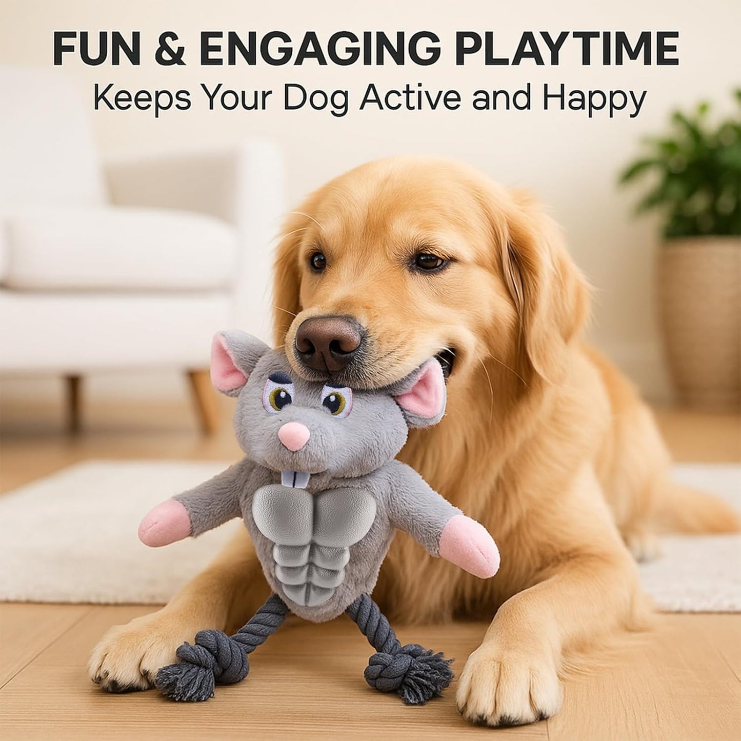Funny Muscle Mouse Dog Toy – Plush Rat with Squeaky Rubber Chest & Rope Legs, Durable Interactive Chew Toy for Medium & Large Dogs, Cute Stuffed Animal for Tug, Fetch & Dental Play