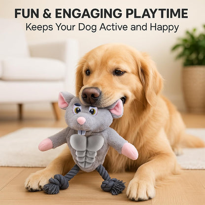 Funny Muscle Mouse Dog Toy – Plush Rat with Squeaky Rubber Chest & Rope Legs, Durable Interactive Chew Toy for Medium & Large Dogs, Cute Stuffed Animal for Tug, Fetch & Dental Play
