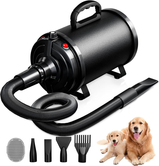 Dog Dryer Pet Hair Blower High Velocity for Grooming, Blow 3800W/5.2HP for Large Dogs Sechoir Pour Chien with Stepless Adjustable Speed, 4 Different Nozzles and Dog Brush,Black