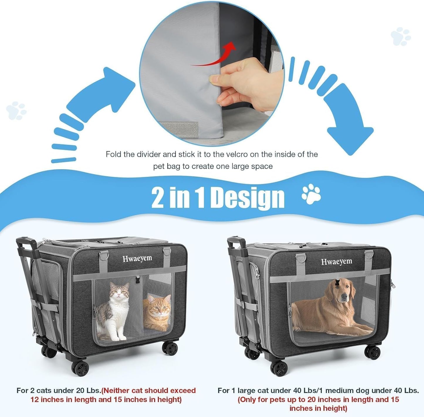 Extra Large Cat Carrier for 2 Cats with Wheels, 24" X 15" X 17" Dual-Compartment Cat Car Travel Carrier, Breathable Rolling Dog Carriers for Small Dogs with Zipper Locks, Light Gray