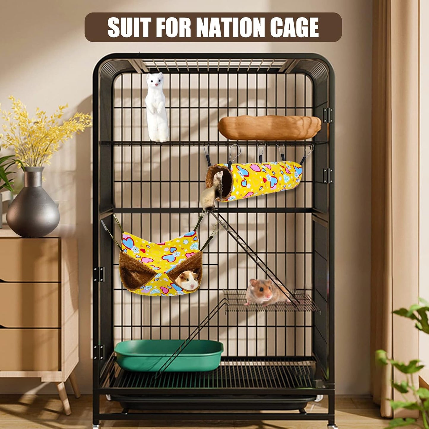 Ferret Rat Hammock Guinea Pig Hideout Toys Large Soft Small Animal Bed Sugar Glider Chinchilla Squirrel Hammock Set for Cage Accessories Pet House Hamster Hang Tunnel and Tube,2 Pack,Yellow