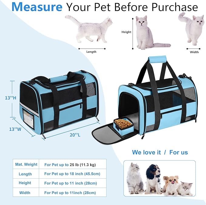 Large Cat Carrier Dog Carrier, Pet Carrier for 2 Cats Large Cats, Dog Carrier for Small Dogs, Collapsible Soft Sided Pet Carrier for Kitten Puppy Under 25 lbs, Blue