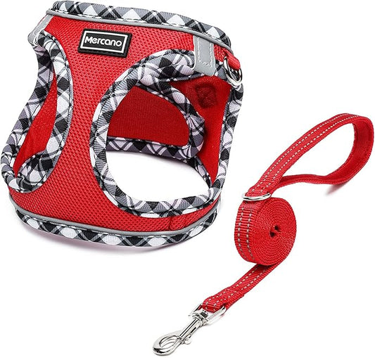 Mercano Soft Mesh Dog Harness and Leash Set, No-Chock Step-in Reflective Breathable Lightweight Easy Walk Vest Harnesses with Safety Buckle for Small Dogs, Cats (Red, S)