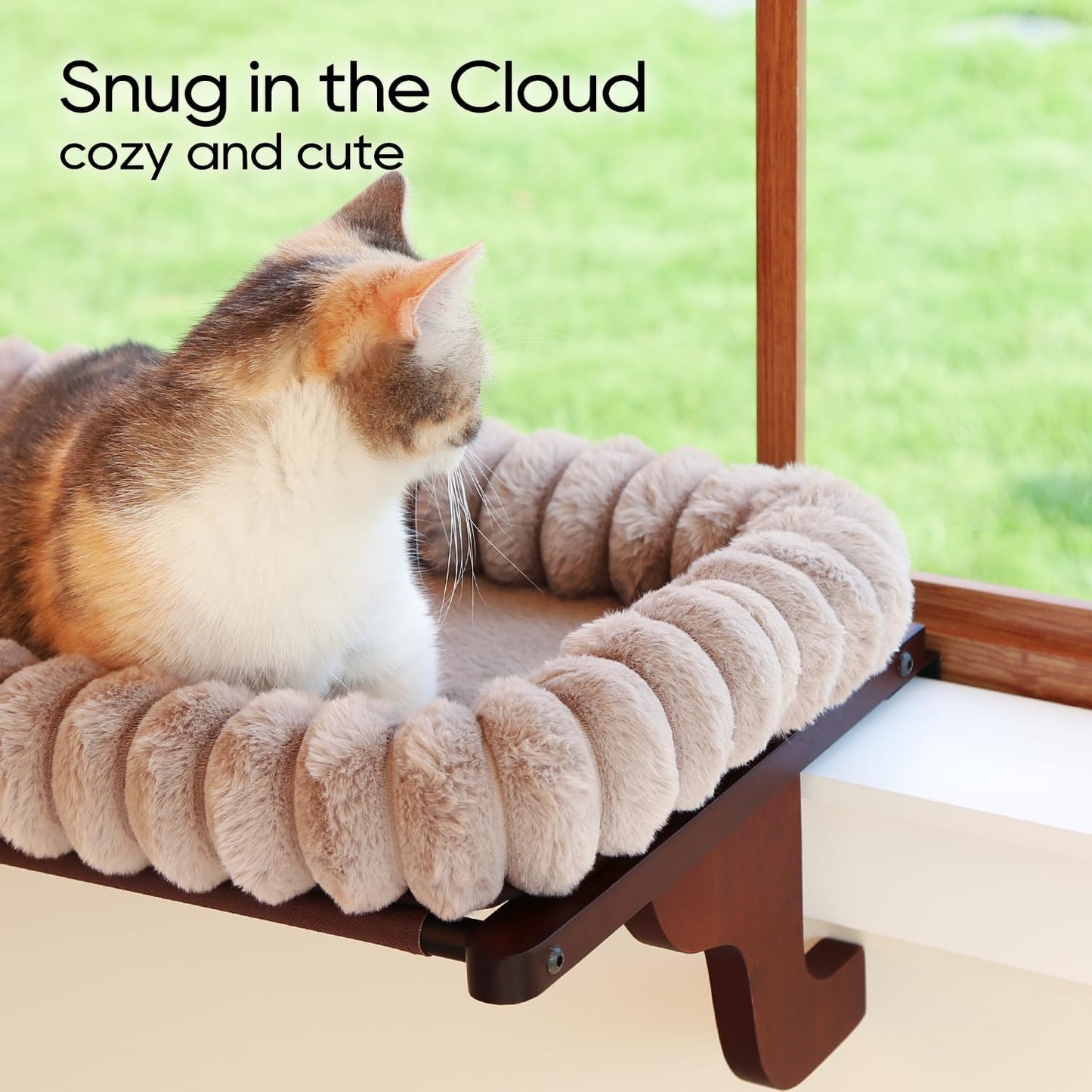 Zakkart SnugCloud Cat Window Perch with 4-Sided Bolster - Orthopedic Cat Hammock for Window Sill - Solid Hardwood & Metal Frame - Window Seat for Pets (Dark Stained Wood w/Brown Bed, Medium)