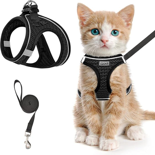 Cat Harness and Leash for Walking Escape Proof, Adjustable Kitten Vest Harness Reflective Soft Mesh Puppy Harness for Outdoor, Comfort Fit, Easy to Control (Black, L)
