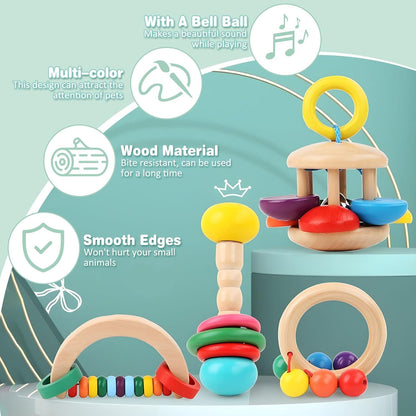 PINVNBY 4 PCS Wooden Rabbit Toys Interactive Bunny Toys Multi-Colored Guinea Pigs Toys Indoor Outdoor Playing Teeth Grinding Toys for Chinchillas Hamsters Rats and Other Small Animals