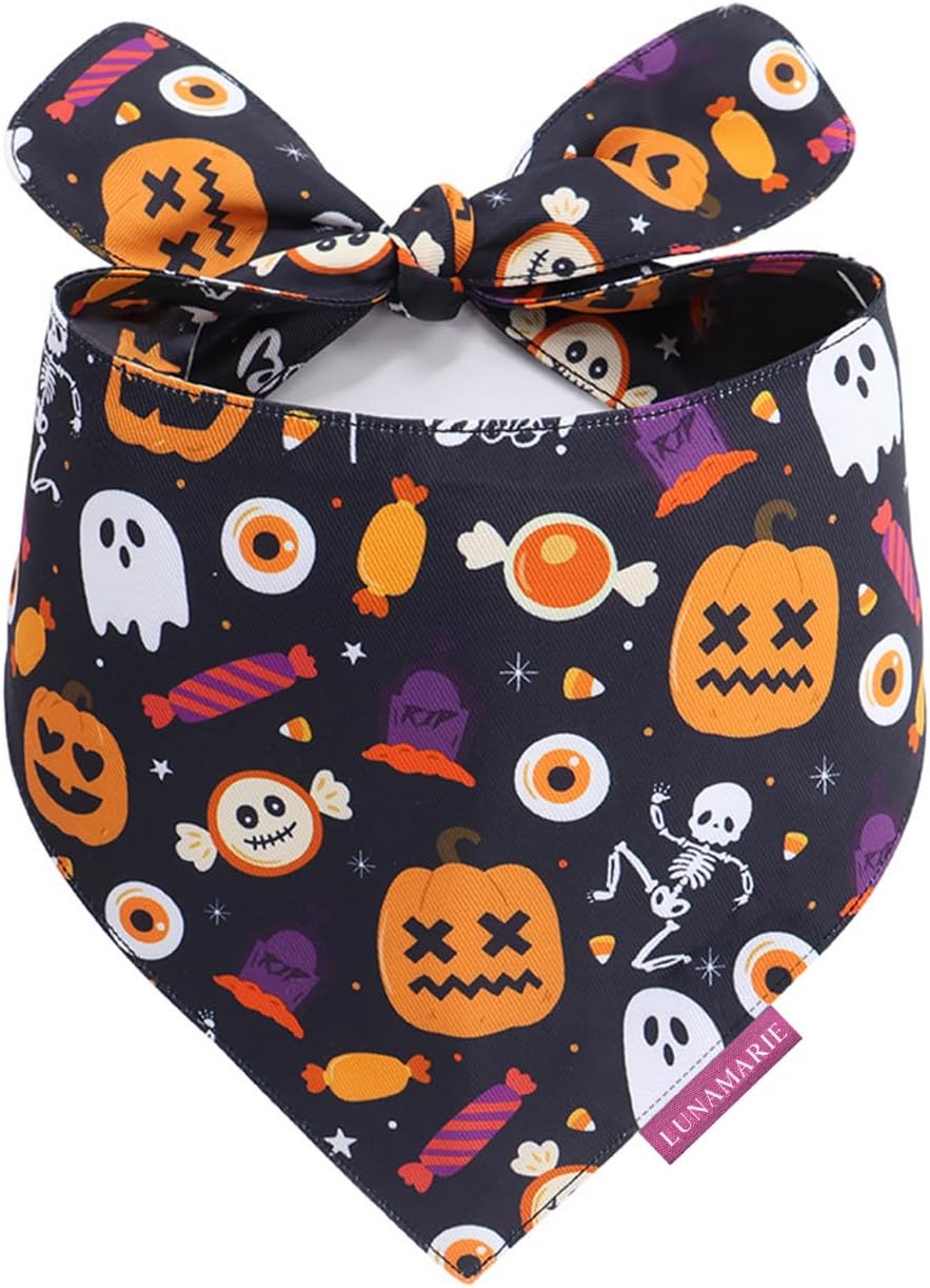 LunaMarie - Luxury Cat and Dog Bandanas - Halloween Designs | Premium Silky Poly Fabric | 100% Handmade Custom Shape Dual Layered Small, Medium, Large Cat Scarf (Trick-Or-Treat, Large)