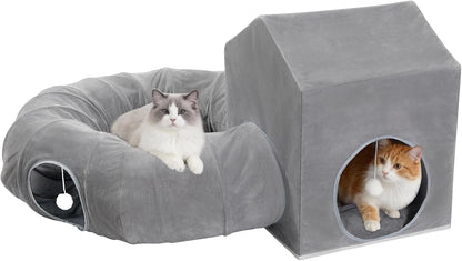 Pawaboo Cat Tunnel Bed, Cat Donut Tube with Square Kitten House, Soft Plush Cats Cave Tunnels with Washable Cushions, Foldable Kitten Bed Hideout with Fluffy Balls for Indoor Cats Rabbit Ferret, Gray