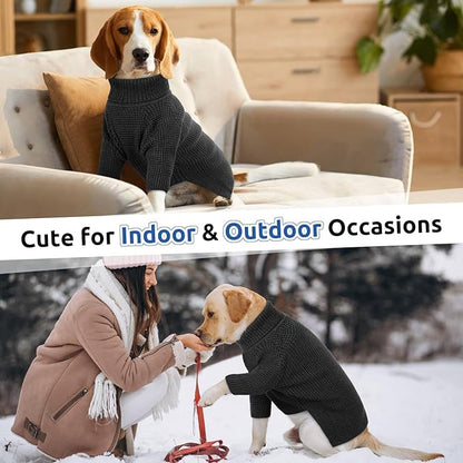 Queenmore Dog Sweater, Turtleneck Long Sleeve Knitted Dog Sweater with Check Pattern, Fall Winter Warm Dog Sweaters for Small Medium Large Dogs, Solid Pull-on Pet Sweater for Cats,Charcoal Gray S