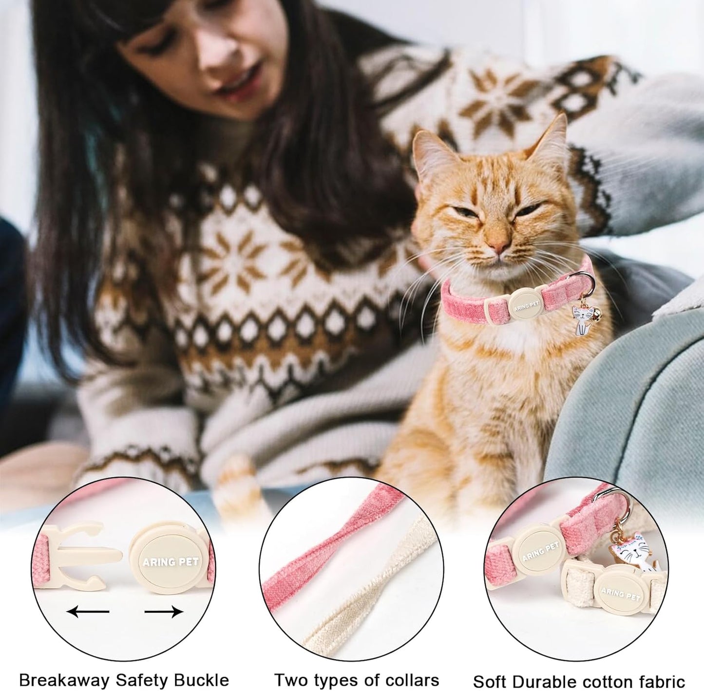 ARING PET 2 Pack Cat Collar-Cute Cotton Cat Collar with Bell & Pendant, Adjustable Pink Khaki Kitten Collars with Safety Buckle for Girl and Boy Pets