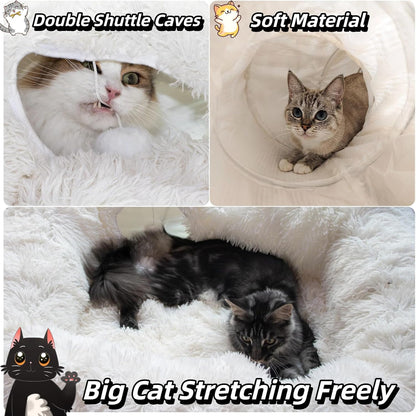 XxingSheep 4 Cave Shuttled XL Cat Tunnel Bed for Indoor Cats Peekaboo Toy Donut with Warm Mat, White