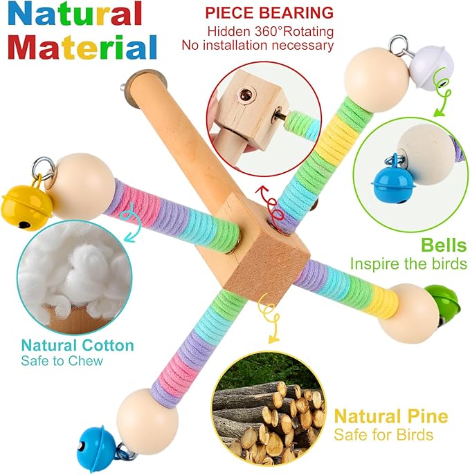 Bird Perch Toy,360°Interactive Rotating Bird Perches for Cage,2-in-1 Wooden Stand Can be Used Inside&Outside Cage,Parrot Toys for Parakeets Lovebirds Conures Budgies Cockatiels
