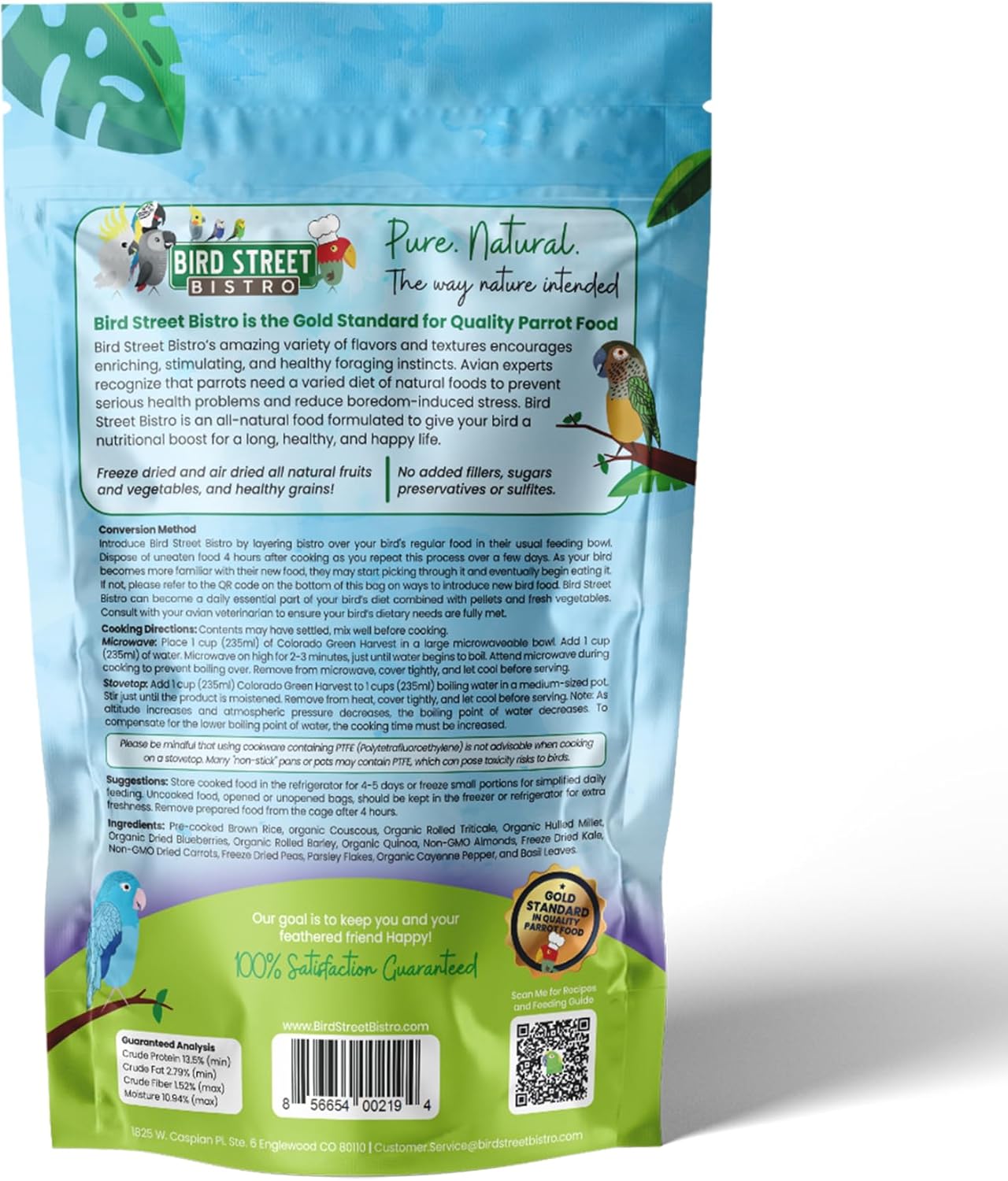 Bird Street Bistro Parrot Food for Parakeets & Cockatiels - Colorado Green Harvest - 18 oz - Cooks in 3-15 min, Natural & Organic Grains, Fruits & Vegetables - USA Made