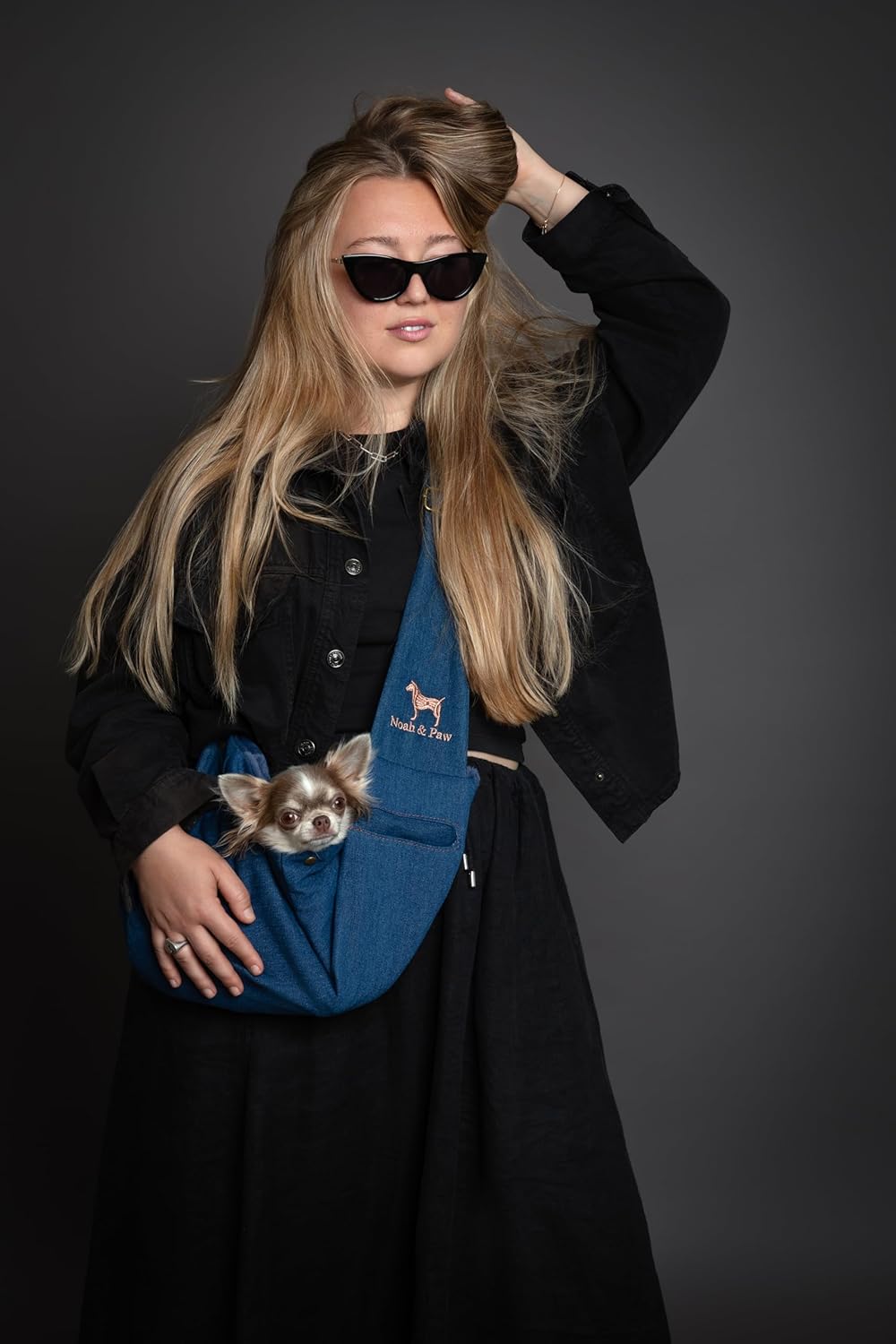 Noah & Paw Dog Sling Carrier for Small Dogs 3-10lb, Dog Sling for Small Dogs and Cats, Dog Carrier with Adjustable Padded Strap, Premium Denim, Lined with Fur, Double Safety Feature, Machine Washable