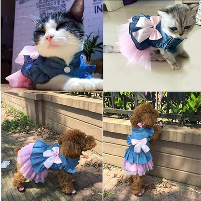 ANIAC Pet Denim Dress with Cute Bow-Knot Comfy Vest Skirt Lace Trim Tutu Summer Spring Clothes for Cats and Small Dogs (Medium)