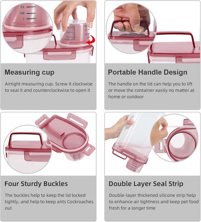 3-5Lbs Small Cat Dog Food Storage Containers BPA Free, Airtight Pet Food Storage Containers with Large Pour Spout/1 Measuring Cup/ 4 Safety Locks and double-layer silicone strip (Clear PInk&1)