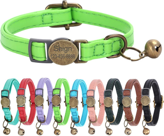 Cat Collar Breakaway, Personalized Leather Cat Collar with Bells-Adjustable Customized Collar with Name & Phone Number Tag for Girl Boy Cats-Quick Release Buckle for Cats & Kittens(LimeGreen)