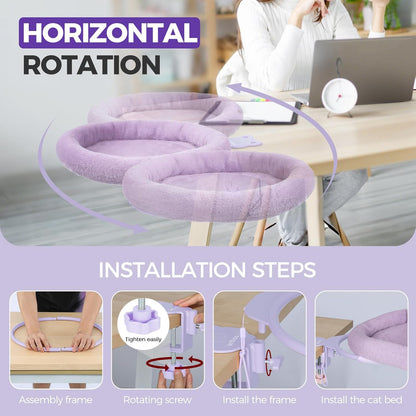 Rotating Cat Desk Bed - 40 LBS Chair-Side Cat Sleeping Basket with Bed for Desk, 360° Swivel & Removable Washable Cushion for Office Comfort(Purple