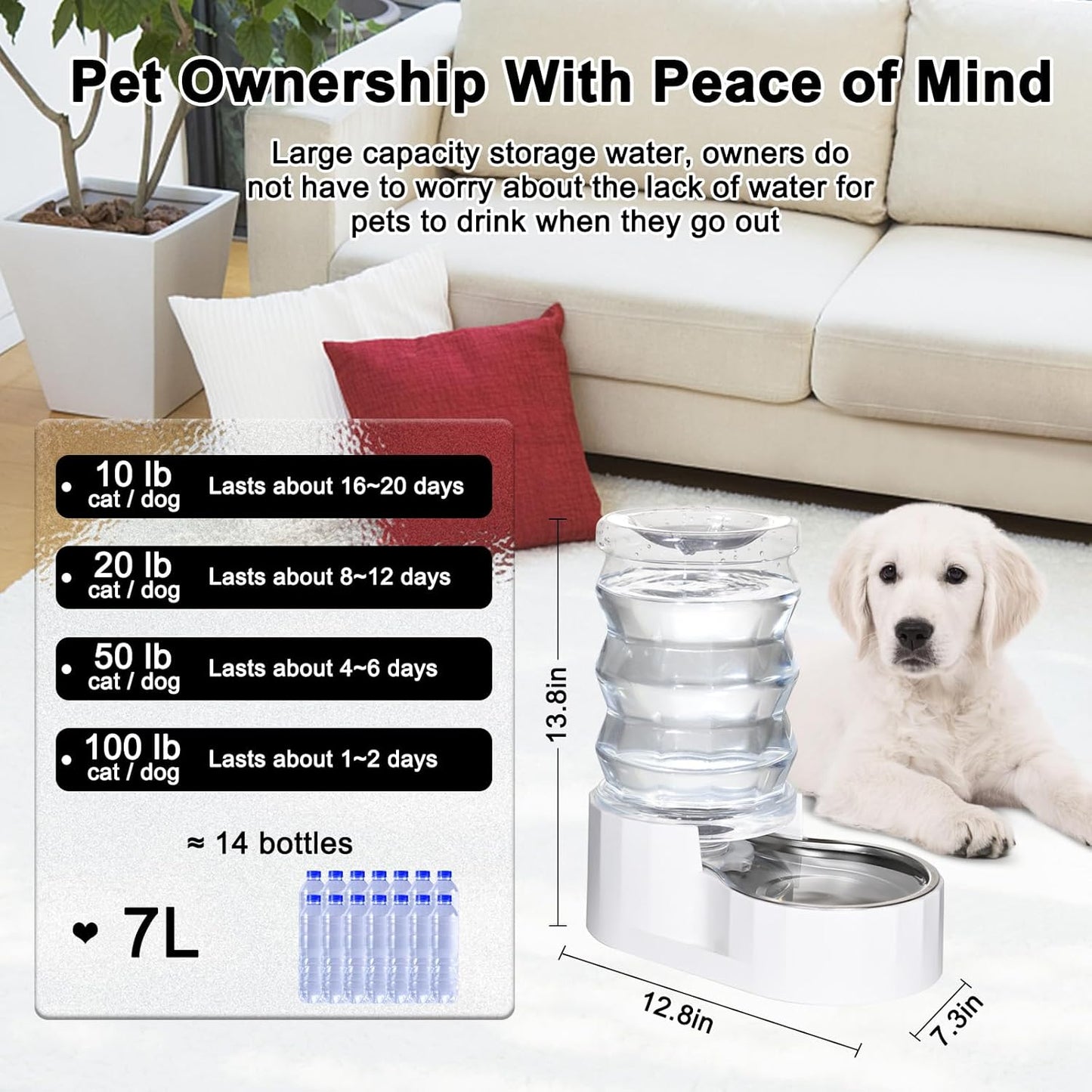 RIZZARI Automatic Gravity Pet Waterer: 7L White Stainless Steel Water Dispenser - Large Capacity Water Feeder for 25-35 LB Senior Dogs with Spinal Issues - for Living Room Bedroom
