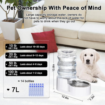 RIZZARI Automatic Gravity Pet Waterer: 7L White Stainless Steel Water Dispenser - Large Capacity Water Feeder for 25-35 LB Senior Dogs with Spinal Issues - for Living Room Bedroom