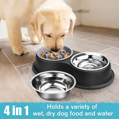 Dog Bowls Double Dog Water and Food Bowls Stainless Steel Bowls with Non-Slip Resin Station, Pet Feeder Bowls for Puppy Medium Dogs Cats