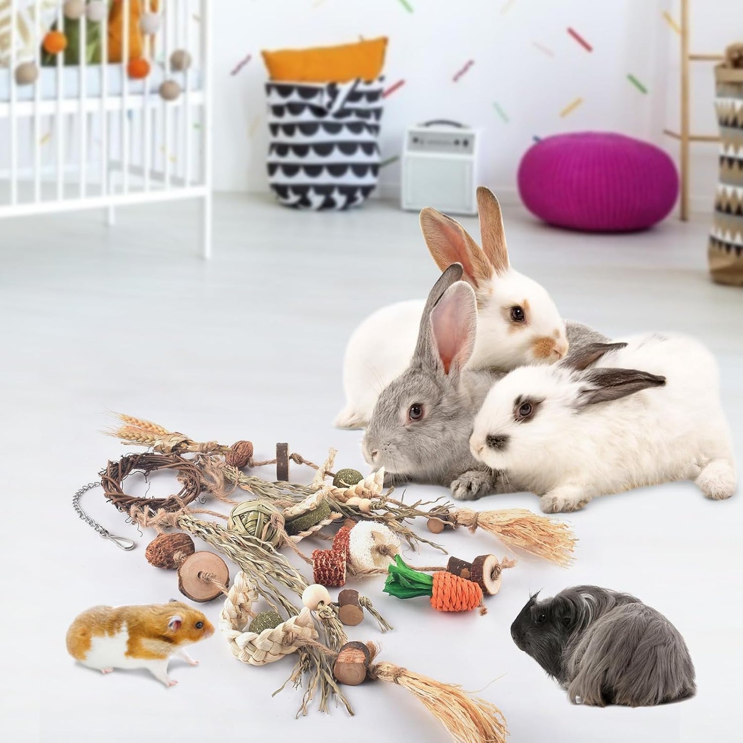 Bissap 3 PCS Rabbit Chew Toy, Bunny Cage Hanging Chew Toys Treats Rattan Ring with Snacks Water Grass Wooden Block Carrot for Guinea Pigs Chinchillas Hamsters Rats and Other Small Pets Teeth Grinding