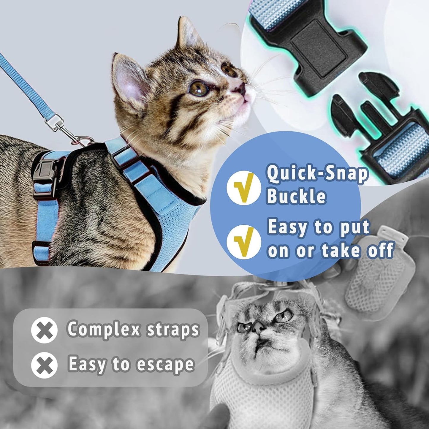 Cat Harness and Leash Set,Escape Proof Adjustable Cat Harness,Soft and Breathable Kitten Harness and Leash with Reflective Strips for Walking and Traveling(Light Blue, Small(8.9-16.6lb))