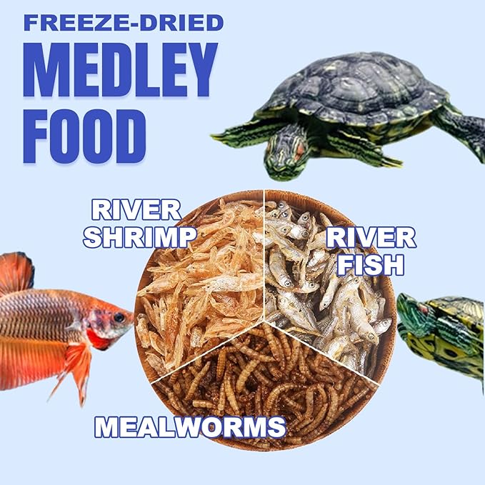 Amzey 2 Pack Aquatic Turtle Food, Vitamin, Enriched Medley Treats of Freeze, Dried Mealworms, River Shrimp & River Fishes, High Protein Turtle Medley Food for Aquatic Tortoise, 3.7 Ounce Total