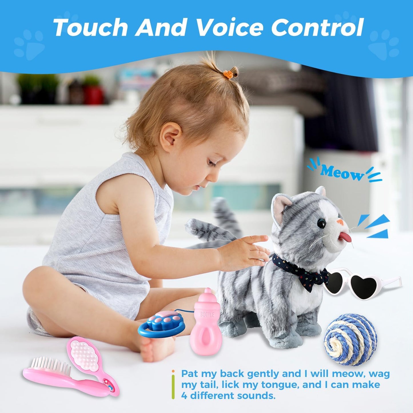 Gray Leash Walking Cat Set Toy Interactive Talking Cat Singing Dancing Kitten Mimicking Repeat What You Say Kitty Touch and Voice Control Nodding Wagging Tail Plush Electric Robot for Kid Girl