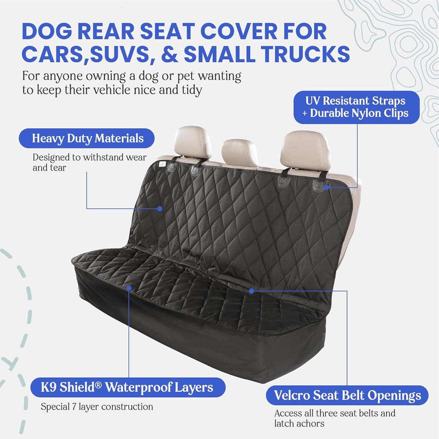 4Knines Back Seat Pet Cover for Dogs w/o Hammock – 54" Wide, Waterproof Car Seat Cover, Non-Slip, Heavy-Duty – Fits Cars, SUVs, Small Trucks – 2 Seat Belt & Latch Access – Back Seat Protector (Grey)