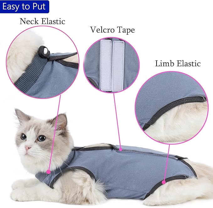 Cat Surgery Recovery Suit Cat Onesie for Cats After Surgery Spay Surgical Abdominal Wound Skin Diseases E-Collar Alternative Wear (Grey-Blue-M)