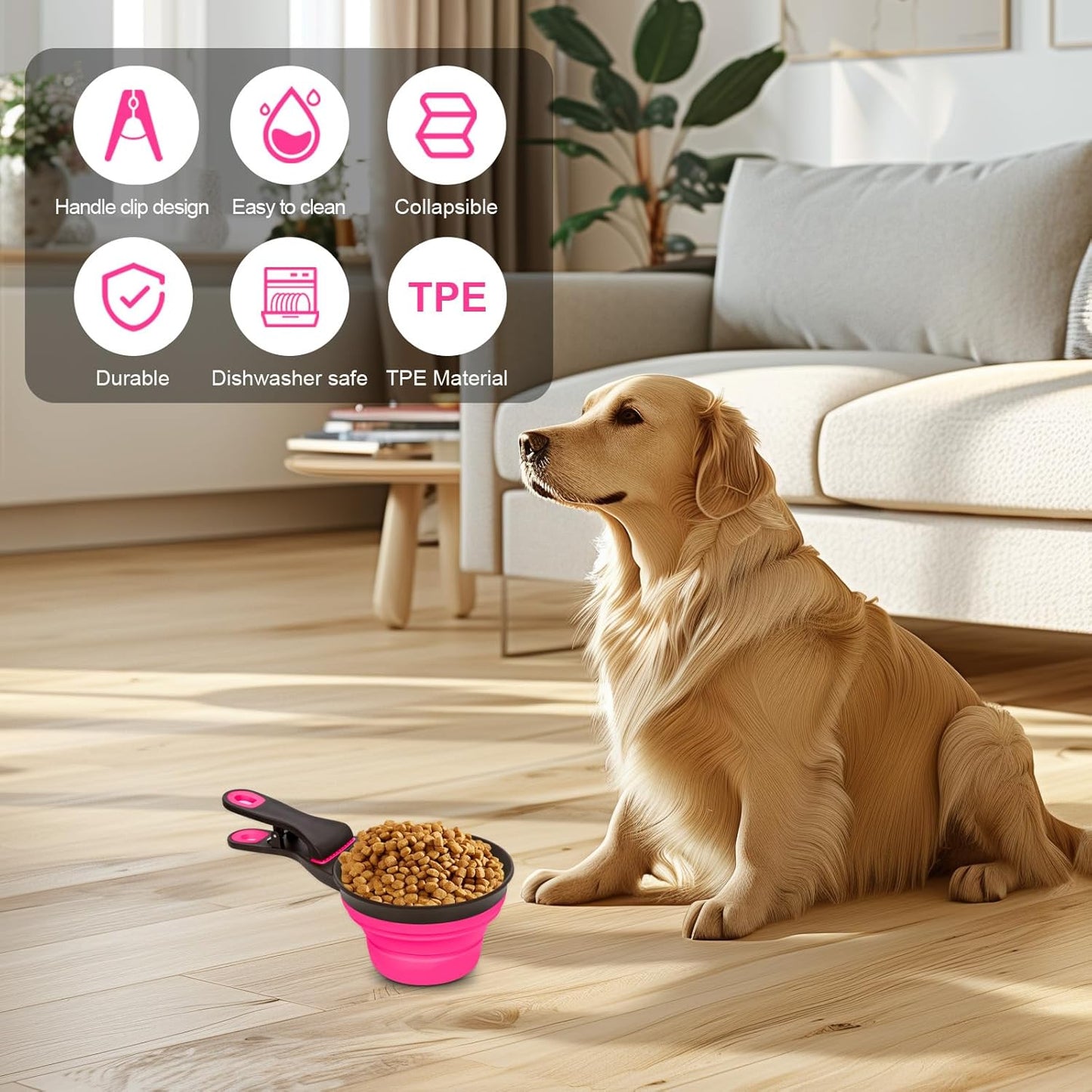 Collapsible Silicone Dog Food Scoop Foldable Pet Food Measuring Cup with Bag Clip 3 in 1 Multi-Function Silicone Dog Food Scooper (Rose Red, Large)