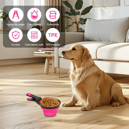 Collapsible Silicone Dog Food Scoop Foldable Pet Food Measuring Cup with Bag Clip 3 in 1 Multi-Function Silicone Dog Food Scooper (Rose Red, Large)
