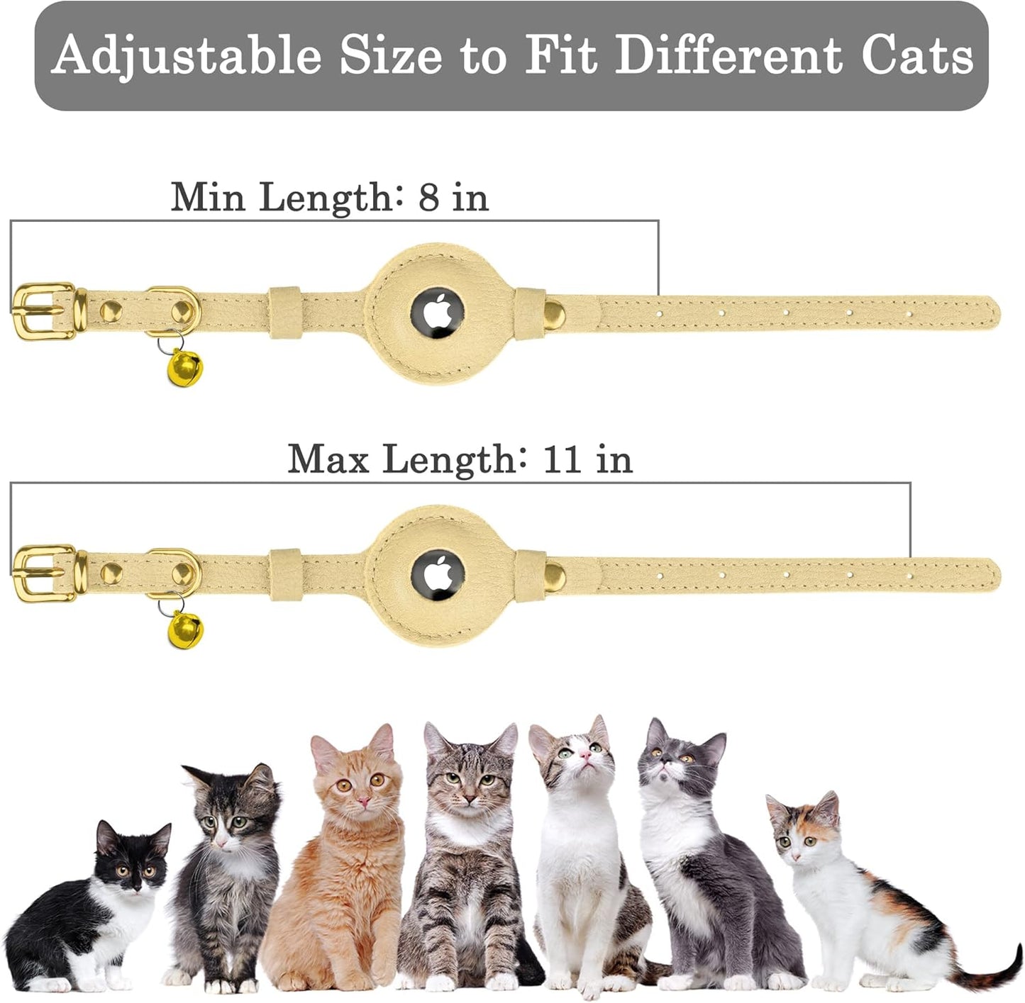 OOPSDOGGY Leather AirTag Cat Collar with Bell - Non Breakaway Kitten Collar with Apple Air Tag Holder - Lightweight GPS Pet Collars for Girl Boy Cats, Small Dogs, Puppies (Beige)