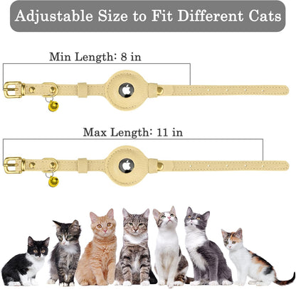 OOPSDOGGY Leather AirTag Cat Collar with Bell - Non Breakaway Kitten Collar with Apple Air Tag Holder - Lightweight GPS Pet Collars for Girl Boy Cats, Small Dogs, Puppies (Beige)