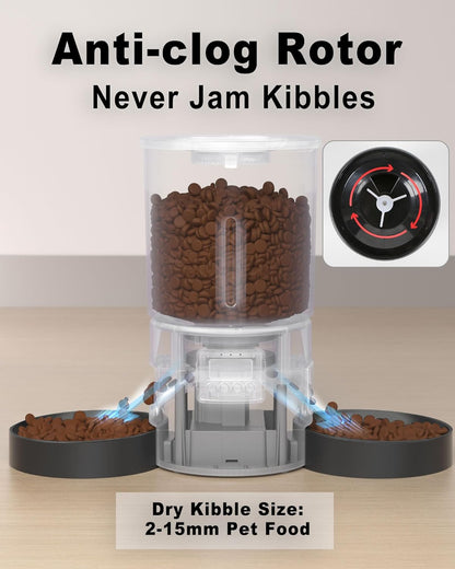 Automatic Dual Cats Feeder for 2 Cats,6 Meals/Day,12 Portions/Meal,Dual Power Auto Pet Feeder Dry Food Dispenser,Flexible Schedule Timer 10S Voice Record (Black, ABS Dual Bowls)