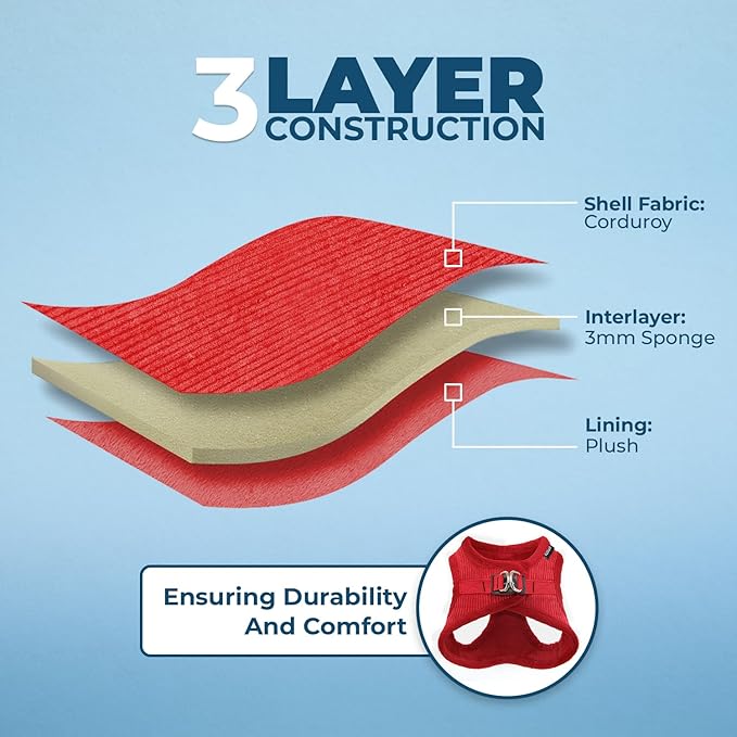 Best Pet Supplies - All Weather Mesh/Plush, Reflective, No Pull Harness for Small, Medium Dogs, Cats - Secure with Hook & Loop Fastener, Buckle, Double D-Rings - Red Corduroy, L