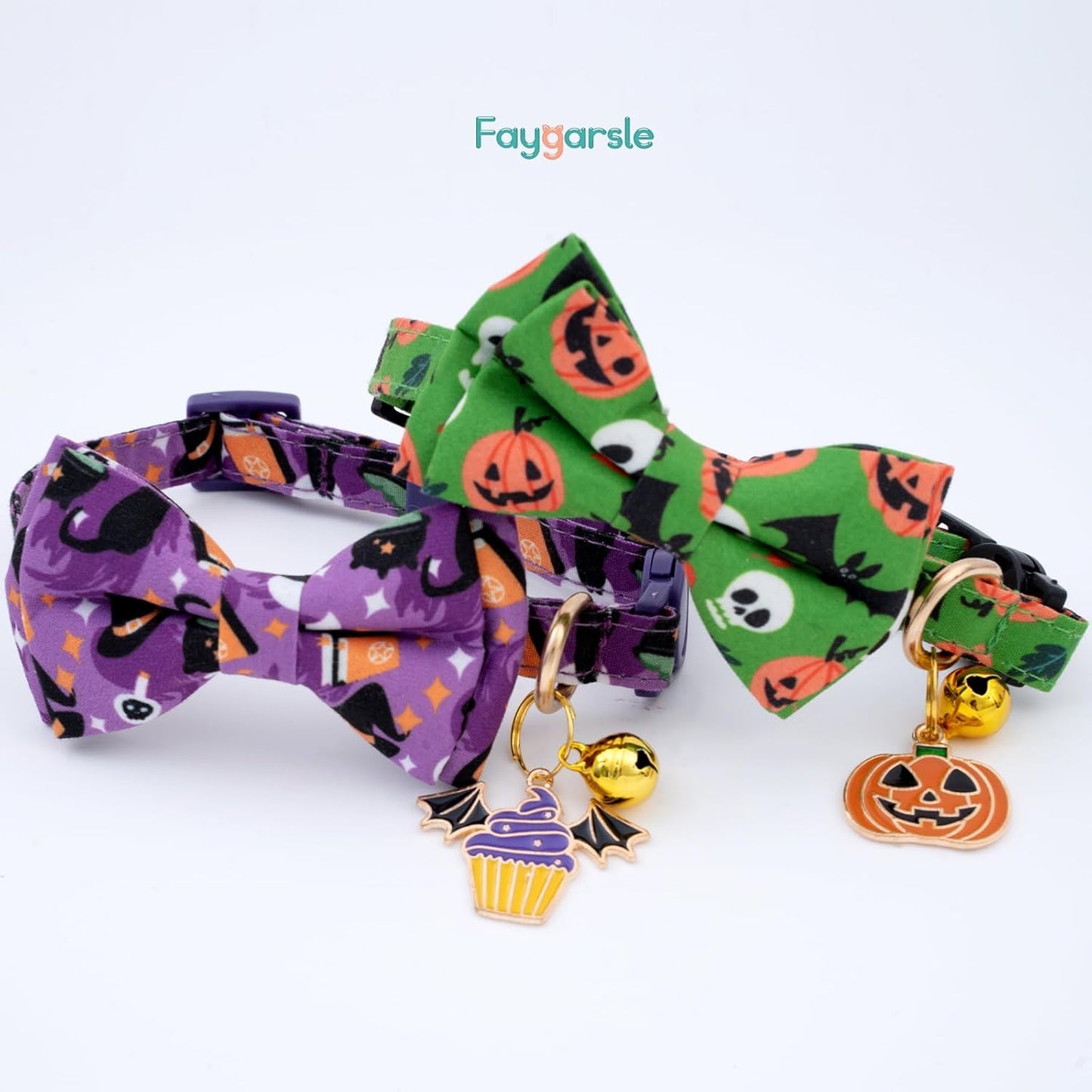 Faygarsle 2 Pack Cute Seasonal Cat Collar for Halloween and Fall Breakaway Collar with Bells Bowtie Cute Patterns for Female and Male Cats Green Purple Cat Collar