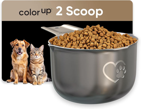 Color Up 2 Scoop (2 Cup / 480 ml) Stainless Steel Pet Food Measuring Scoop for Dogs, Cats, Rabbits & Birds – Dual Pour Spouts, Ergonomic Handle, Dishwasher Safe