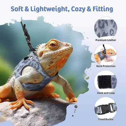 Pawaboo Adjustable Bearded Dragon Harness and Leash, 3 Size Leather Reptile Leash Outdoor Harness Leashs with Bat Wings for Lizard Reptiles Amphibians Small Pet, Small/Medium/Large, Leopard Dusty Blue