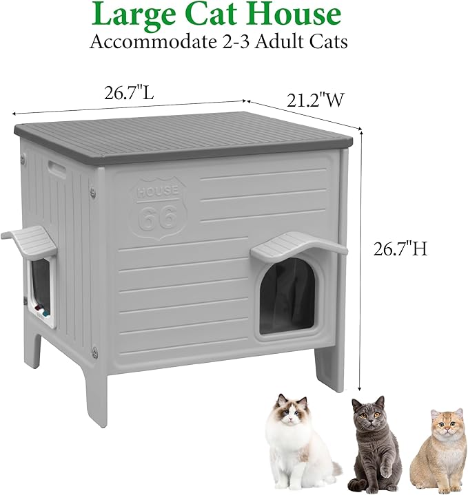 Outdoor Cat House Weatherpoof Large Plastic Cats Houses with Escape Door Indoor Waterproof Feral/Pet Cat Shelter Outside for Multiple Cats (Grey)