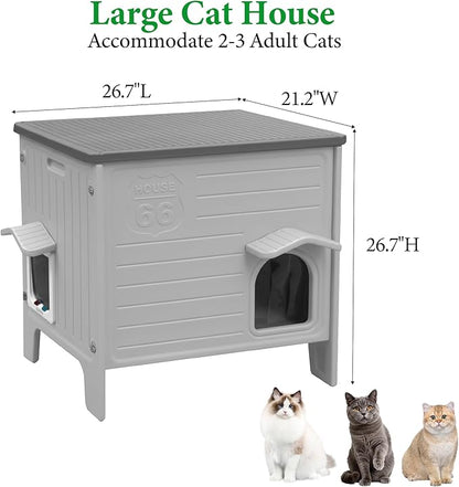 Outdoor Cat House Weatherpoof Large Plastic Cats Houses with Escape Door Indoor Waterproof Feral/Pet Cat Shelter Outside for Multiple Cats (Grey)