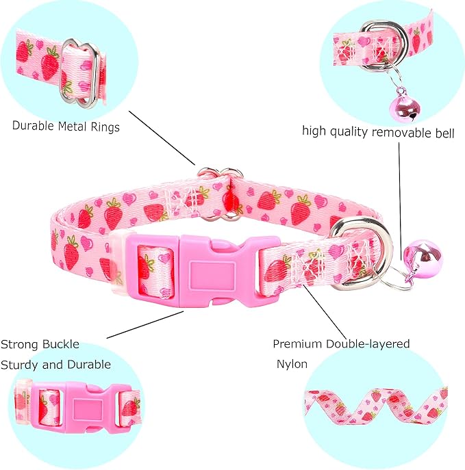 Cute Pink XXS xs Dog Collar with Bell, Soft Adjustable Strawberry Puppy Collar Tiny Cat Collars with Bells for XS Small Girl Female Dogs Little Animal,XSmall