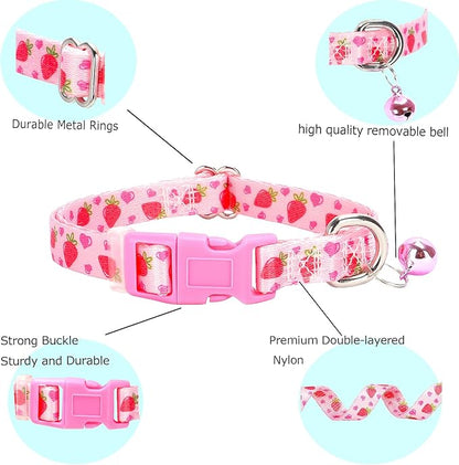 Cute Pink XXS xs Dog Collar with Bell, Soft Adjustable Strawberry Puppy Collar Tiny Cat Collars with Bells for XS Small Girl Female Dogs Little Animal,XSmall