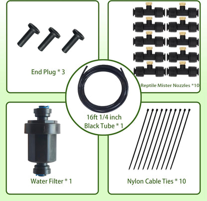 Reptile Terrariums Misting Accessories kit, Reptile Mister Nozzles, with 10 Misting Nozzle, 5 Brass Plugs, 3 Plugs, 1 Misting System Filter, 16ft 1/4 inch Tube, Black