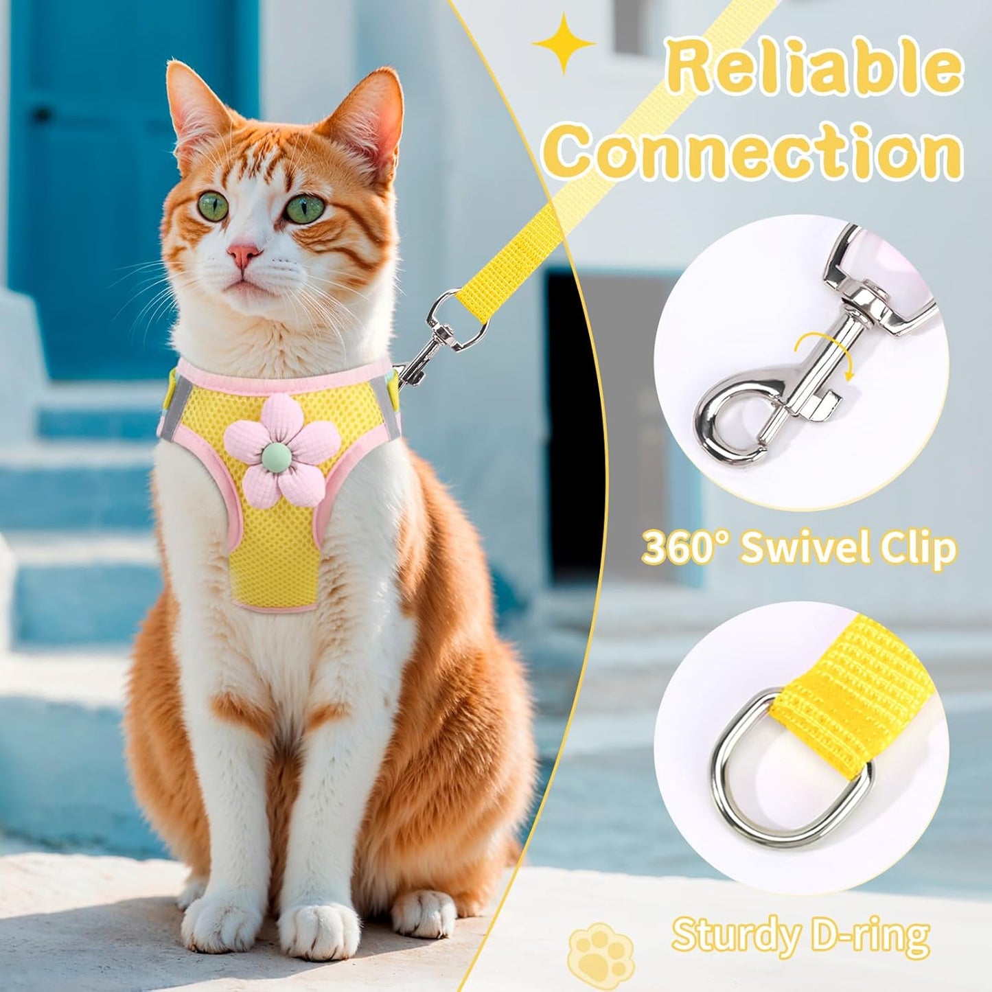 Cat Harness and Leash Set for Walking Escape Proof, Adjustable Kitten Harness Breathable Mesh with Reflective Strips Harness with Flower for Kitty Puppy Bunny Yellow XS